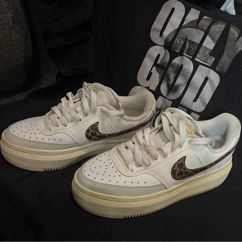 Nike White Classic Court Vision Alta Sneakers with Leopard Print Swoosh